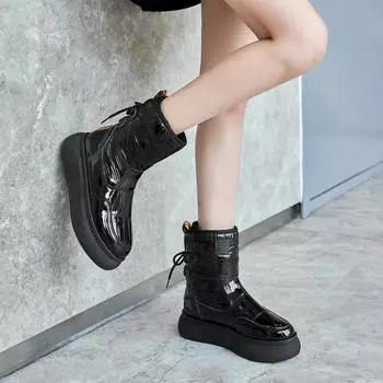 2024 Женская обувь для активного отдыха, женские ботинки до щиколотки, теплые зимние ботинки, женские, с круглым носком, со шнуровкой сзади, на плоской платформе, с обувью для женщин 35 чёрный