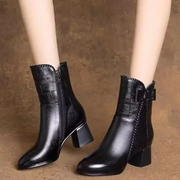 2024 женская обувь из искусственной кожи, женские ботильоны, современные ботинки в стиле ретро, женские однотонные туфли с застежкой-молнией и галстуком-бабочкой, женские туфли на массивном каблуке с острым носком 40 чёрный