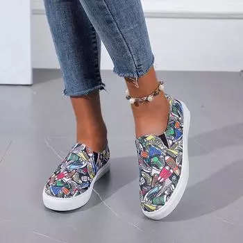 2024 Женская обувь из вулканизированной кожи Модная обувь из холста с граффити Женские модные кроссовки Плоская обувь Обувь для уличных танцев Женские туфли без застежек 36 серый