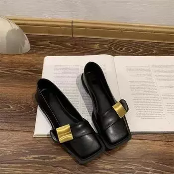 2024 Женская обувь Классическая толстая каблук квадратный носок металлическое украшение женская простая ретро обувь 35 бежевый