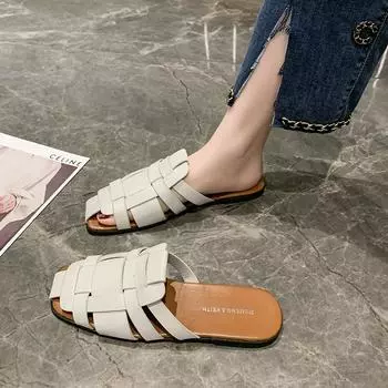 2024 Женская обувь Лето Новые ручная вязка Плоские уличные сандалии и тапочки Досуг Уличные простые женские тапочки 35-40 35 бежевый