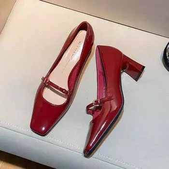 2024 Женская обувь Мэри Джейн, женские модные туфли на высоком каблуке, туфли-лодочки, женские туфли с квадратным носком и высоким толстым каблуком, с пряжкой и ремешком 35 покинуть белый