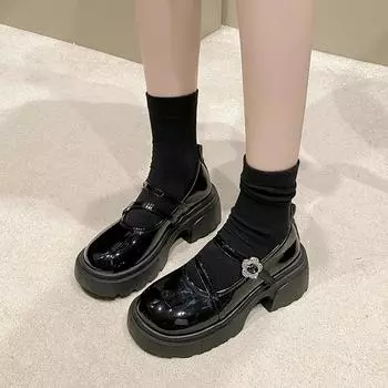 2024 Женская обувь Мэри Джейн, женские туфли на высоком каблуке, модные туфли с пряжкой и ремешком для офиса и карьеры, новые туфли на платформе с круглым носком и кристаллами 35 чёрный