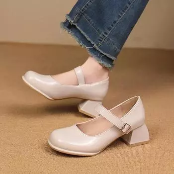 2024 Женская обувь Мэри Джейн Женские туфли на высоком каблуке Летние туфли-лодочки Женские однотонные туфли на каблуках с пряжкой и ремешком Женские туфли Zapatos De Mujer 35 бежевый