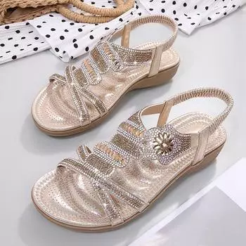 2024 женская обувь, модные сандалии большого размера со стразами, пляжные сандалии на плоской подошве в стиле ретро с цветочным принтом, женская удобная обувь 36 чёрный