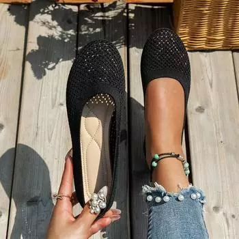 2024 женская обувь на плоской подошве, новая мода на весну и осень, туфли на мелкой подошве с круглым носком, удобная повседневная обувь с дышащей сеткой и босиком 36 чёрный