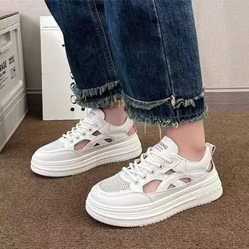 2024 Женская обувь Новые толстые подошвы сетчатые спортивные повседневные кроссовки сандалии белые плоские туфли на полой доске со шнуровкой на платформе теннис 35 бежевый