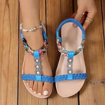 2024 Женская обувь резинка женские сандалии плюс размер повседневные сандалии женские жемчужно-кристаллическое плетение круглый носок плоская обувь женские 36 бежевый