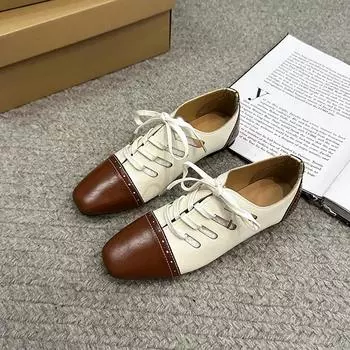 2024 Женская обувь с цветными блоками, квадратным носком, на низком каблуке, удобная дышащая женская обувь со шнуровкой, декоративная весна и осень 35 коричневый