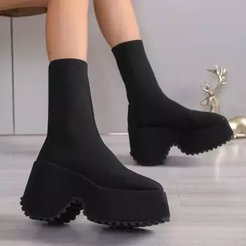 2024 Женская обувь Сетчатые женские сапоги до середины голени Современные сапоги на платформе Женские туфли с круглым носком на высоком каблуке Слипоны Большие размеры Женская обувь 35 чёрный