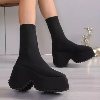 2024 Женская обувь Сетчатые женские сапоги до середины голени Современные сапоги на платформе Женские туфли с круглым носком на высоком каблуке Слипоны Большие размеры Женская обувь 35 чёрный