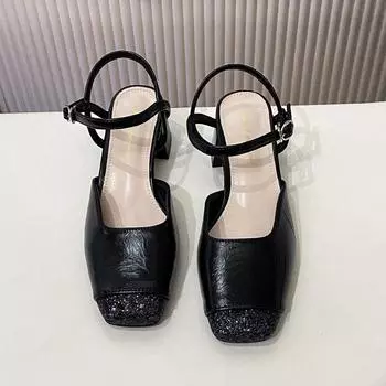 2024 Женская обувь Slingbacks Женские туфли на высоком каблуке Женские сандалии на квадратном каблуке с пряжкой и ремешком 34 бежевый