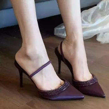 2024 Женская обувь Slingbacks Женские туфли на высоком каблуке Сексуальные туфли-лодочки для вечеринок Женские сандалии с острым носком и кристаллами на тонком каблуке 35 фиолетовый