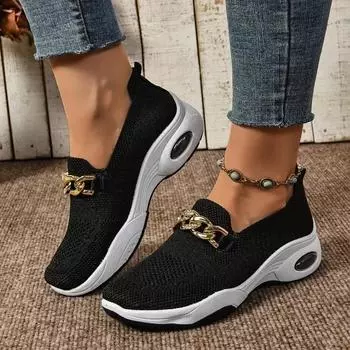 2024 Женская обувь Slip-on Женская вулканизированная обувь Модная металлическая отделка Новая дышащая однотонная повседневная обувь больших размеров 36 чёрный