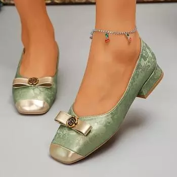 2024 Женская обувь Слипоны на высоком каблуке Модные туфли-лодочки Женские туфли-лодочки с принтом банта Квадратный носок Низкий каблук Туфли больших размеров для женщин 35 покинуть белый