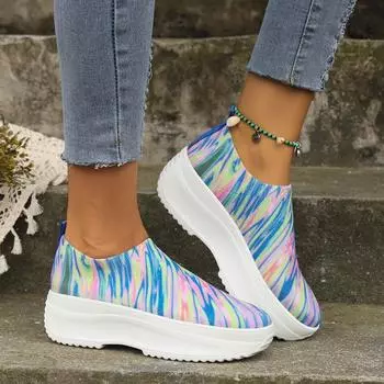 2024 женская обувь, удобная обувь на плоской подошве с принтом, женская вязаная дышащая повседневная обувь с сеткой, женская обувь с отверстиями, Zapatos De Mujer 36 синий