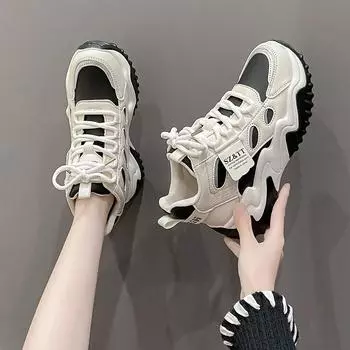 2024 Женская обувь Высокая женская вулканизированная обувь Уличная теплая женская обувь Кроссовки смешанного цвета на шнуровке на платформе Женская повседневная обувь 35