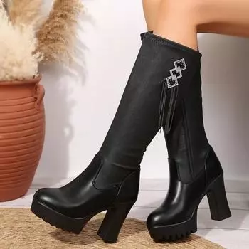 2024 Женская обувь, высокие женские сапоги, большие размеры, современные сапоги, женские, с бахромой из кристаллов, с боковой молнией, на высоком толстом каблуке, женские 34 чёрный