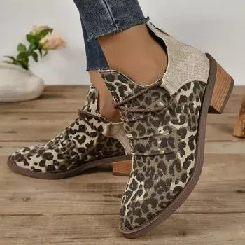 2024 женская обувь высокого качества, женские ботинки на молнии, осенние ботинки с острым носком, разноцветные, с леопардовым принтом, на массивном каблуке, римские ботильоны 36 цветной печати леопарда