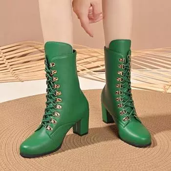 2024 Женская обувь Женские сапоги до середины икры Большие размеры Современные сапоги Женские туфли с круглым носком Толстый каблук Шнуровка спереди Римская женская обувь 36 чёрный