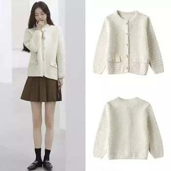 2024 женская одежда, новая высококачественная, маленькая, ароматная, стильная, с круглым вырезом, текстура, вязаный свитер, куртка S слоновая кость