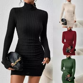 2024 женская одежда Новые однотонные платья Мини-платье Элегантные клубные вечерние платья Черная однотонная водолазка с длинными рукавами Платье-футляр S бежевый