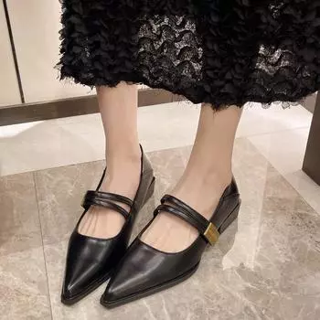 2024 Женская осень Новые сексуальные заостренные металлические пряжки дизайнерские толстые каблуки высокие каблуки однотонные неглубокие носки женские туфли без застежек 35 коричневый