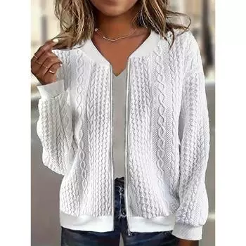 2024 Женская осенне-зимняя куртка-пилот на молнии, повседневный свитер с длинным рукавом однотонного цвета, модная верхняя одежда S белый