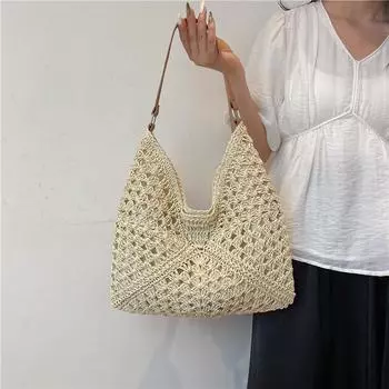 2024 Женская плетеная соломенная пляжная сумка: Универсальная сумка через плечо для отпуска на море бежевый