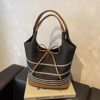 2024 Женская полосатая холщовая сумка-тоут большой вместимости: Осенне-зимняя сумка-ведро для поездок на работу и обратно Large чёрный