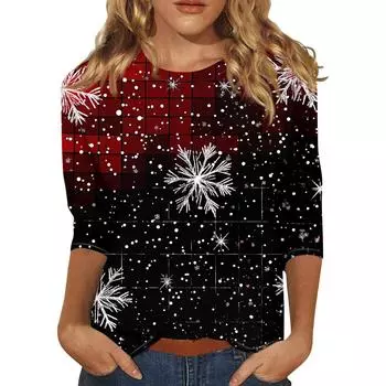 2024 Женская повседневная футболка с круглым вырезом и рождественским принтом снежинок, рукав три четверти, топ-пуловер, свитер с воротником-стойкой S