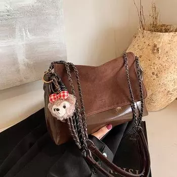 2024 Женская ретро-сумка-мессенджер с матовой цепочкой: Вощеная кожа, большой размер, коллекция осень/зима without pendant чёрный