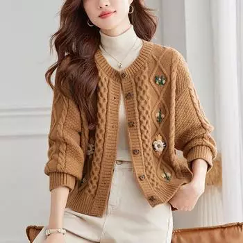 2024 Женская ретро-вышитая вязаная куртка-свитер — свободный, ленивый стиль для осени/зимы One Size бежевый