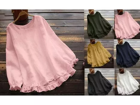 2024 Женская рубашка из хлопка и льна с оборками на манжетах, длинным рукавом и круглым вырезом 2XL белый