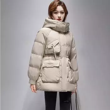 2024 женская средняя и длинная зимняя новая куртка-пуховик темперамент талия и тонкая куртка с капюшоном прилив S size 90-55kg белый
