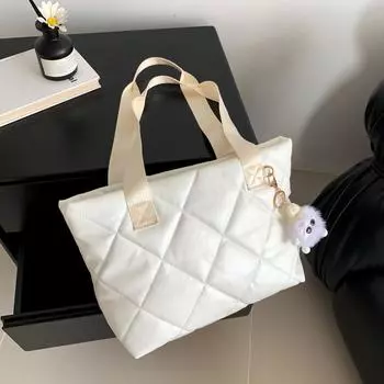 2024 женская сумка через плечо с вышитыми нитками в виде ромба, большая вместимость, простая универсальная модная популярная хлопковая сумка, простая атмосферная сумка белый