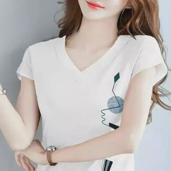 2024 Женская свободная футболка из чистого хлопка с V-образным вырезом и короткими рукавами для мам среднего возраста L