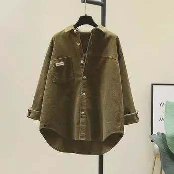 2024 Женская свободная синяя вельветовая рубашка-кардиган - корейский стиль, средняя длина, весенняя мода L 110-125 lbs