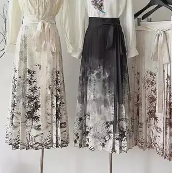 2024 Женская юбка из шифона и атласа в китайском стиле с принтом в виде листьев бамбука, окрашенная чернилами One Size серый