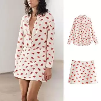 2024 Женская универсальная свободная рубашка с принтом и длинными рукавами в европейском и американском стиле с лацканами, комплект с юбкой XS