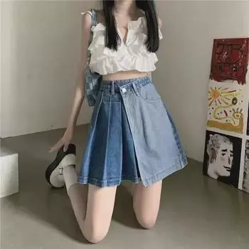 2024 Женская узкая джинсовая юбка с высокой талией: Корейский стиль, свободный крой, плиссировка, подходящая по цвету, очень короткая на весну и лето S синий