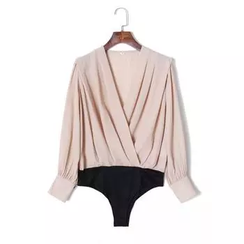 2024 Женская Весенняя Одежда Мода Ветер Сексуальный Пуловер с Глубоким V-образным Вырезом, Рукавами-Буфами с Рюшами, Приталенный, Контрастных Цветов, Боди Milk Tea M