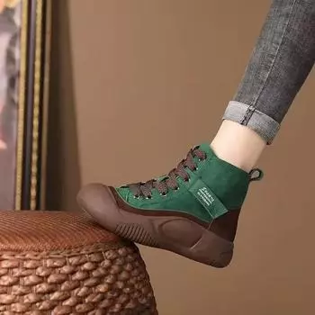 2024 Женская вулканизированная обувь Осенние женские высокие кроссовки Зимние повседневные туфли на шнуровке с круглым носком Толстая подошва Нескользящая женская обувь 35 зелёный