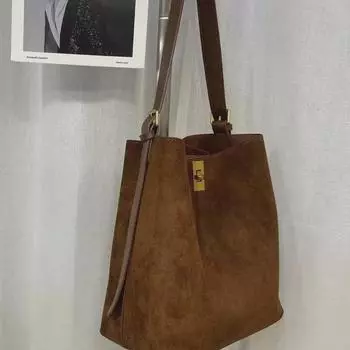 2024 Женская замшевая сумка-ведро и сумка-мессенджер большого размера высокого класса для осени/зимы темно-коричневого