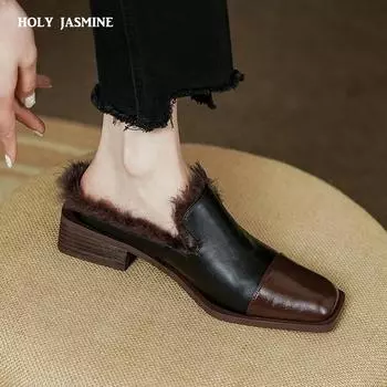 2024 Женская зимняя обувь с квадратным носком, меховые туфли на толстом среднем каблуке, туфли-лодочки из коровьей кожи, модные элегантные мюли, лоскутная обувь из овечьей замши 34 чёрный