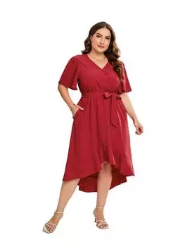 2024 Женские элегантные платья больших размеров с v-образным вырезом и оборками по подолу, летнее платье для женщин, вечерние платья с поясом, однотонное повседневное платье для отдыха, пляжное платье XL красный