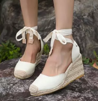 2024 женские эспадрильи, сандалии с ремешком на щиколотке, удобные тапочки, женская повседневная обувь, дышащие туфли-лодочки из льна и конопли 35 бежевый