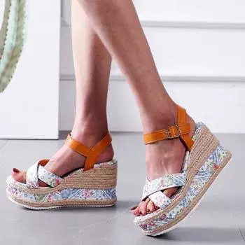 2024 Женские босоножки Летние женские босоножки на танкетке в стиле бохо Туфли на высоком каблуке и платформе Элегантные удобные сандалии De Las Mujeres 35 белый