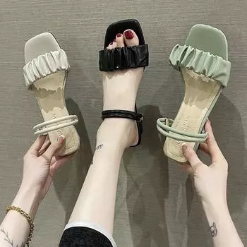 2024 Женские босоножки на квадратном каблуке Брендовые тапочки Летние шлепанцы Сандалии с узкими ремешками Элегантные босоножки Женские тапочки 35 зелёный
