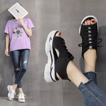 2024 Женские босоножки на танкетке Обувь Летние босоножки на платформе Женская обувь Женские слипоны с открытым носком Трикотажные женские кроссовки Повседневные 35 чёрный